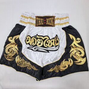 Muay Thai Boxing Shorts 2XL White Satin Patch Embroidered Kickboxing Thailand